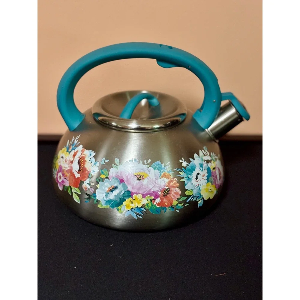 Pioneer Woman Sweet Romance Stainless Steel Whistling Tea Kettle Teal Handle